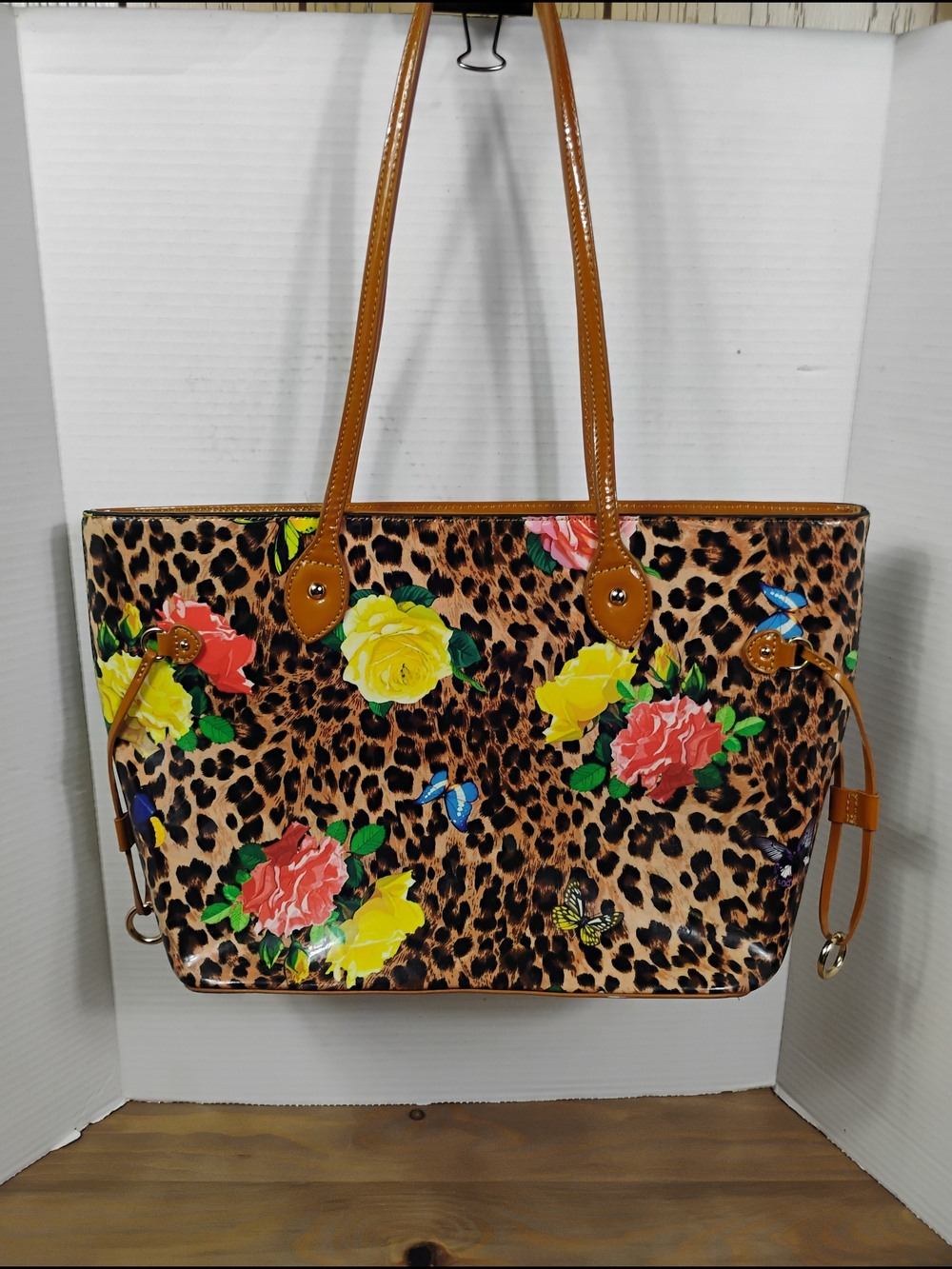 Alyssa Floral Leopard Print Tote Bag in Brown with Yellow & Pink Flowers